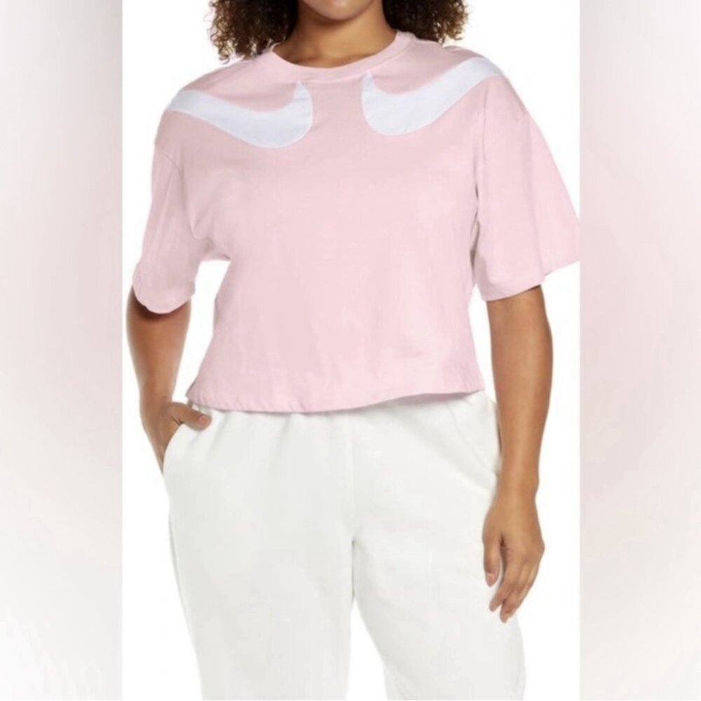 Nike Short Sleeve Crop Tee (Sz XL) Pink Double Swoosh Logo Boxy Top 100% Cotton